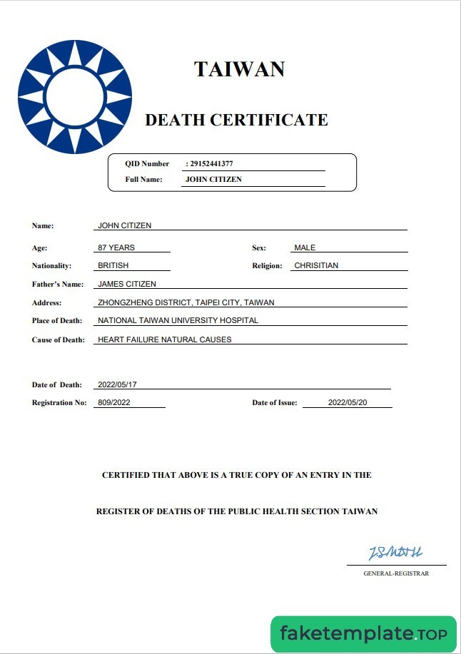 Feature of fake Taiwan death certificate example template